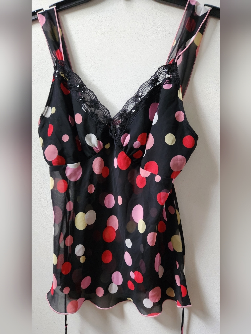 Elle Black Sheer Polka Dot Lace Trim Chemise in Pink Red Cream White